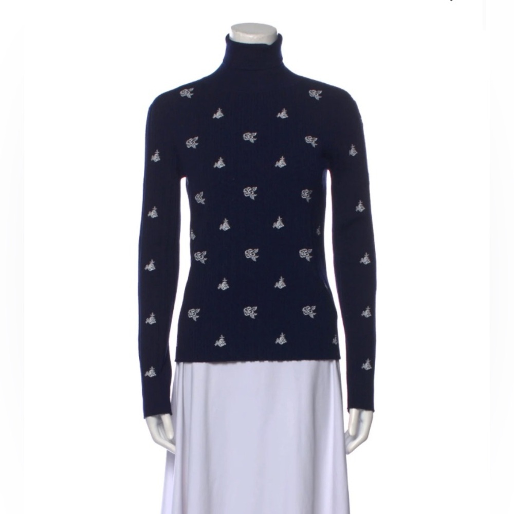Chloe Navy Turtleneck Sweater with White Embroidered Motifs